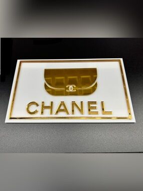 Custom Acrylic CHANEL Gold Logo Plaque on White Acrylic price is firm